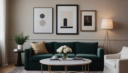 A modern living room with a dark green sofa against a soft colour wall featuring vertical poster frames in wooden frame borders 3d illustration template