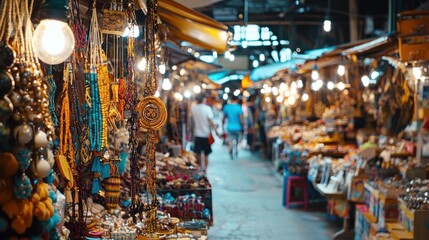A bustling market filled with stalls selling souvenirs from various cultures, including handmade crafts and jewelry.