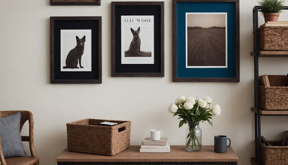 A modern living room with a sofa against a soft colour wall featuring vertical poster frames in wooden frame borders 3d illustration template