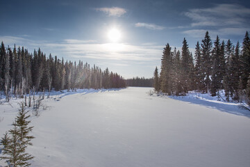 A snow covered forest with a river running through it