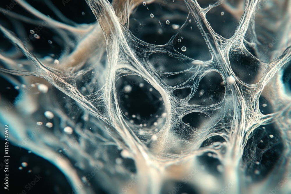 Poster This abstract micrograph shows an intricate web-like structure composed of delicate, intertwined fibers, highlighting the subtle beauty of a microscopic world.