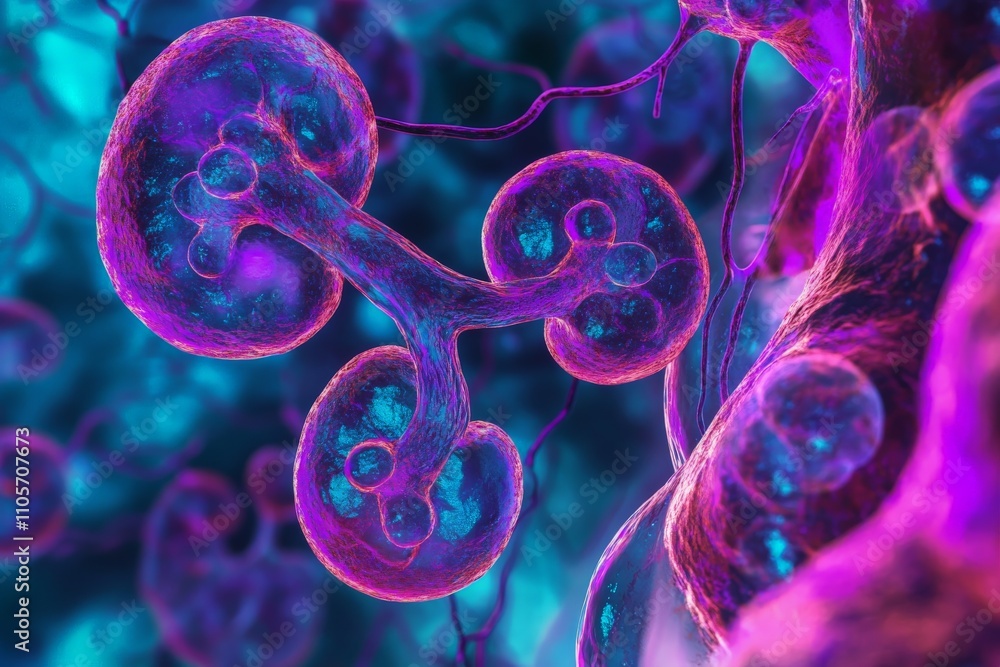 Poster futuristic depiction of interconnected cellular structures in vibrant purple and blue hues, emphasiz