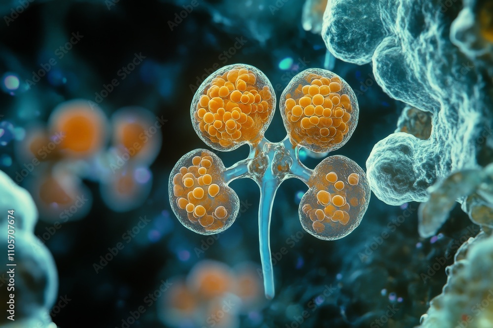 Poster image capturing bright orange cellular formations within a delicate, translucent organic structure; 