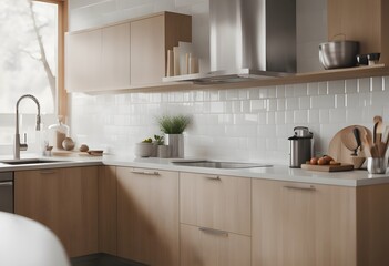 Fototapeta premium Close-up of a modern kitchen counter in light tones, showcasing clean white countertops, a minimalist faucet, and sleek built-in appliances. 