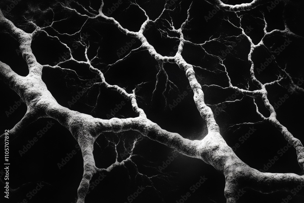 Poster a striking black and white image depicting network-like neural pathways, showcasing bold and abstrac