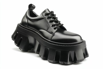 Black leather shoe, chunky platform sole.