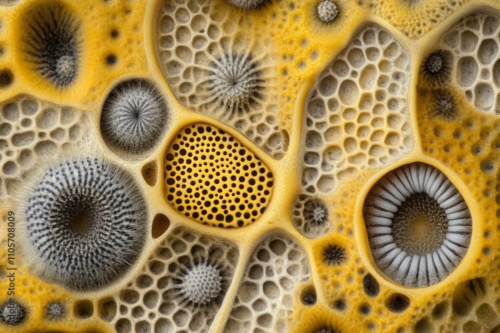 Poster This image showcases vibrant, abstract cellular structures with detailed yellow highlights, exhibiting patterns and textures that resemble microscopic organisms.