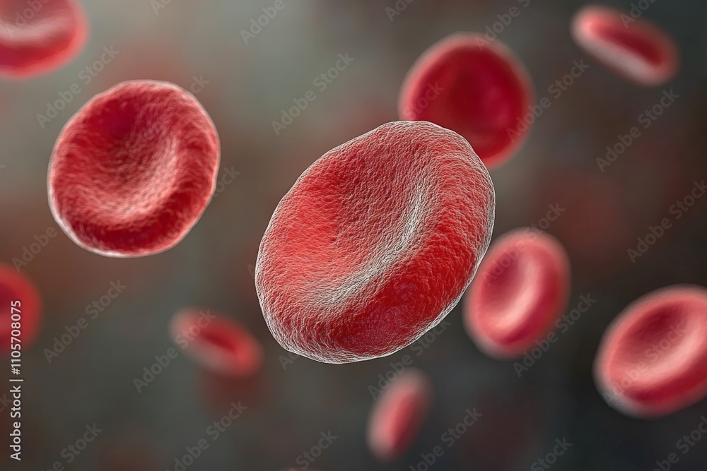 Poster This image captures a highly detailed microscopic view of red blood cells, highlighting their vibrant red color and unique biconcave shape as they move through the bloodstream.