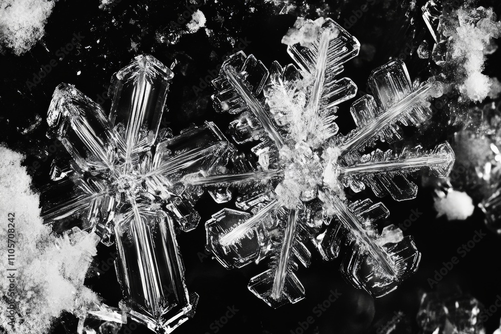 Poster a black and white macro photograph of a snowflake featuring intricate details, highlighting the geom