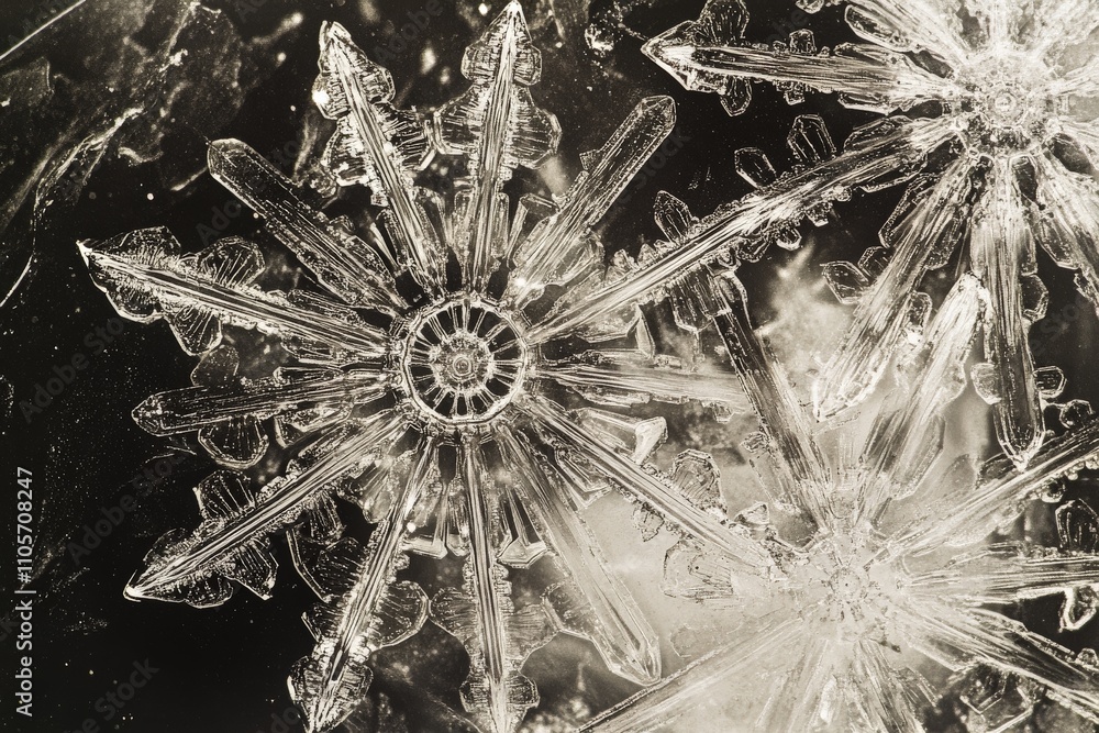 Poster a close-up examination of exquisite snowflake formations revealing their detailed and symmetrical ge