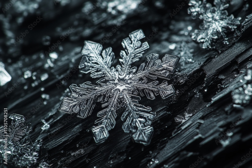 Poster A beautifully detailed macro shot of a single snowflake lying on a contrasting dark surface, highlighting its intricate patterns and delicate structure vividly.