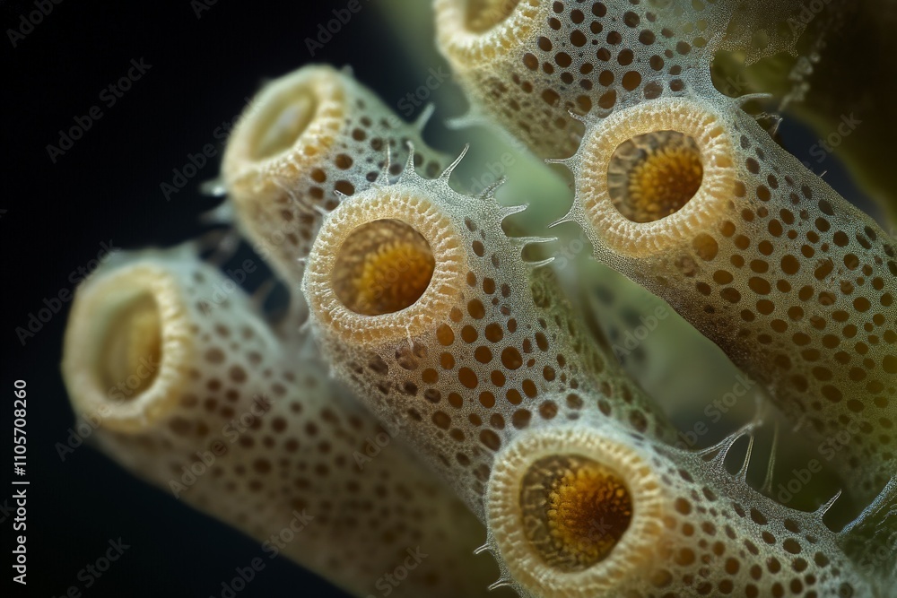 Poster A macro shot featuring coral-like formations with tubular structures adorned with dotted patterns, creating an intriguing interplay of textures and shapes.