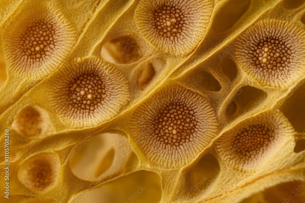 Poster A macro view of a yellow structure with complex circular textures, resembling cellular formations, capturing the essence of organic and natural patterns beautifully.