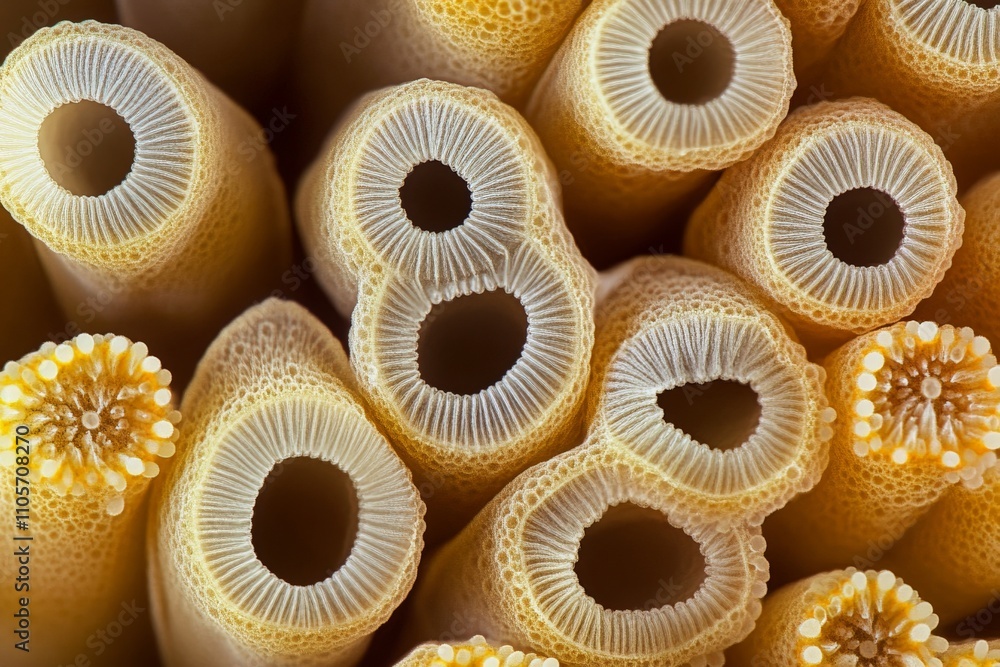 Poster A macro photograph showcasing cylindrical shapes with concentric circles, offering a compelling exploration of abstract art and organic design within a natural context.