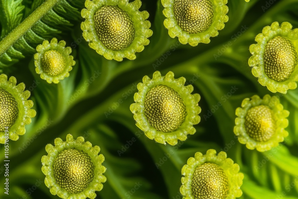 Poster an abstract macro image that captures the beauty of fern-like textures in vibrant green hues, evokin