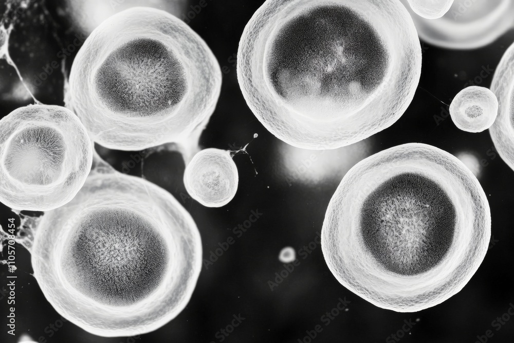 Poster this black and white image shows several microscopic white cells floating on a black background, cap