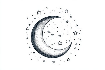This monochrome hand-drawn illustration depicts a crescent moon surrounded by numerous stars, evoking a sense of wonder and celestial mystery in a clear style.