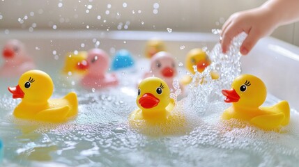 A cheerful bath scene with rubber ducks and colorful bath toys floating in a bubbly tub, with a childâ€™s hand splashing water