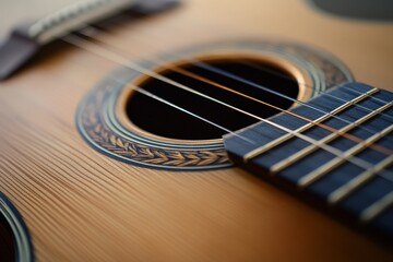 Obraz premium A detailed close-up of an acoustic guitar highlighting the strings and rosette pattern, emphasizing craftsmanship and color in modern musical artistry.