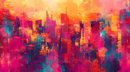 Abstract Cityscape in Vivid Hues of Pink Orange and Teal