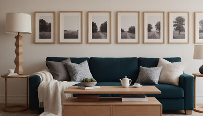 A modern living room with a sofa against a soft colour wall featuring vertical poster frames in wooden frame borders 3d illustration template