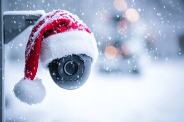 A security camera adorned with a Santa hat is covered in snow against a winter background, symbolizing festive security and holiday surveillance in a snowy landscape.