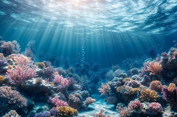 Fototapeta premium Sunbeams illuminate vibrant coral reef teeming with life, showcasing underwater beauty and biodiversity.