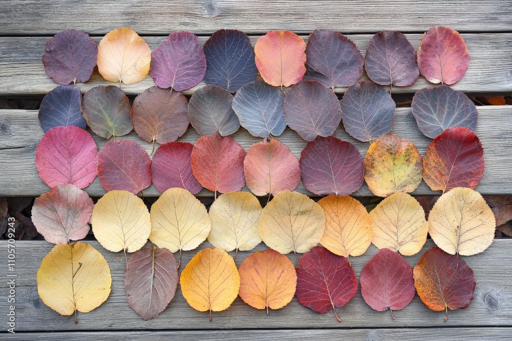 Poster this image displays rows of vibrant circular autumn leaves arranged on rustic wooden planks, celebra