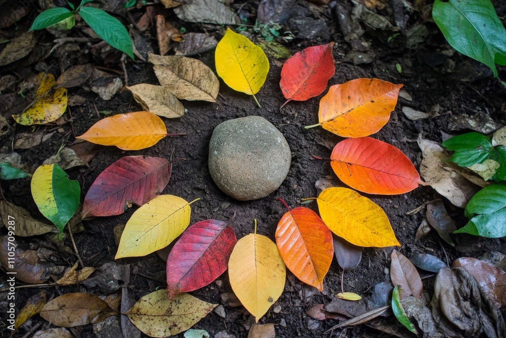 Poster a beautifully arranged circular pattern features a spectrum of autumn leaves surrounding a central s