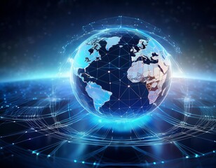 Holographic Earth within a blue geometric wireframe, set against a deep space background