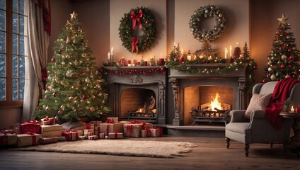 Fototapeta premium Holiday Magic with Fireplace and Tree