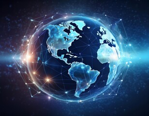 Fototapeta premium Holographic Earth within a blue geometric wireframe, set against a deep space background