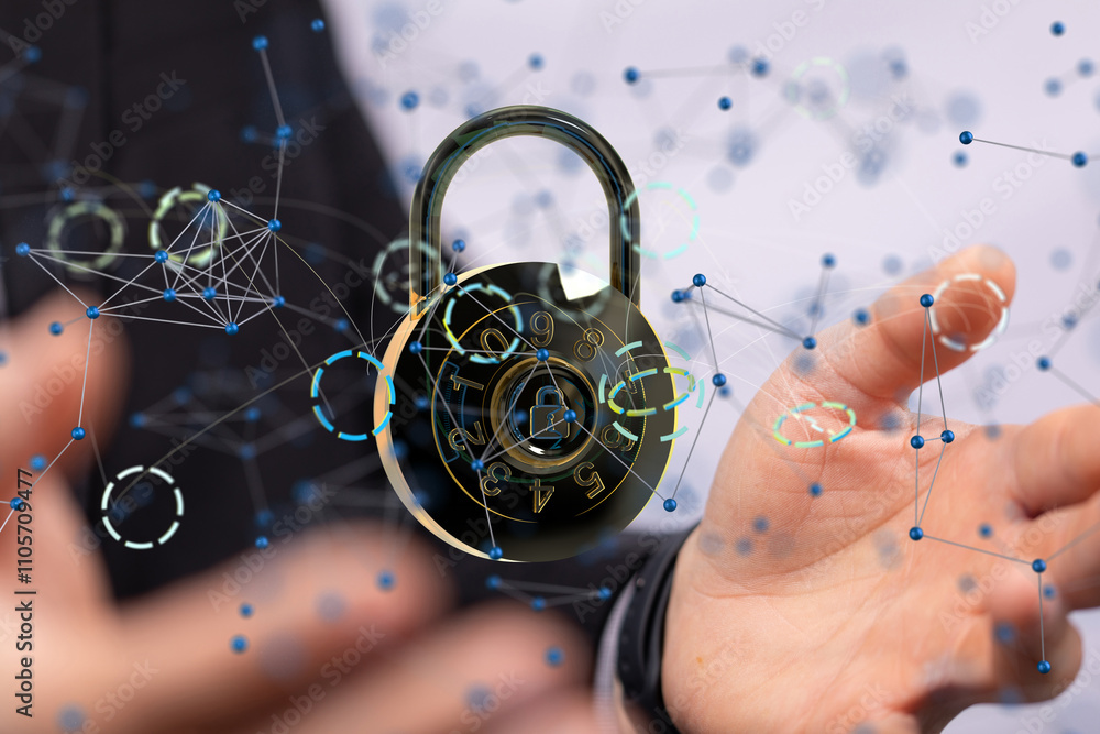 Poster Security Shield concept, data protection. Shield with dots and lines connectio