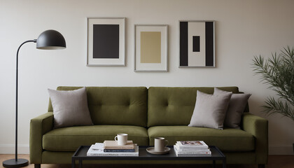 A modern living room with a olive green colour sofa against a soft colour wall featuring vertical poster frames in wooden frame borders 3d illustration template