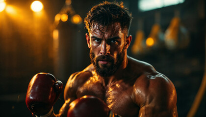 Focused boxer warming up with a jump rope in a gym, sweat glistening and motion blur emphasizing the intensity of the exercise.