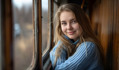 Młoda kobieta w niebieskim swetrze siedząca przy oknie pociągu, spoglądająca z uśmiechem.