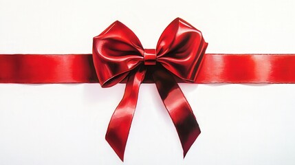 Fototapeta premium A festive red gift bow with a glossy, reflective finish and a textured ribbon loop sits on a white background.