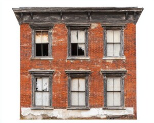 A run-down brick house, its walls in ruins and rubble surrounding its foundation, solitary against a pure white setting.