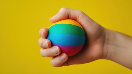 A close-up of a colorful stress ball being squeezed by a hand, illustrating a coping mechanism.