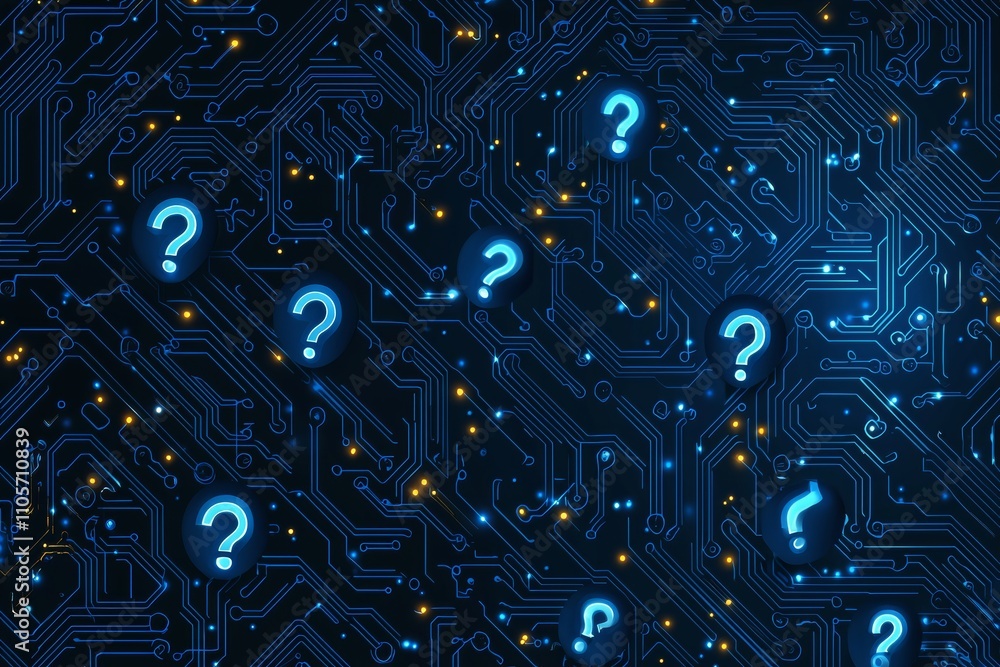 Poster a three-dimensional rendering of a glistening abstract question mark interface on a blue backdrop, r