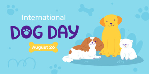 Dog day banner template with cartoon puppy. Vector dog day poster with purebred dogs.
