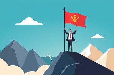 Business goal achievement, success career development or motivation and work or project accomplishment concept, confidence businessman standing proudly with victory flag on high mountain peak up hill.