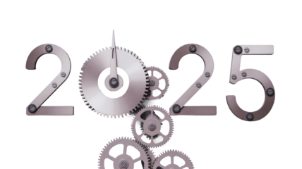 2025 new year made of metal gears and bolts turning on transparent background