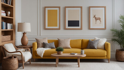 A modern living room with a yellow fabric sofa set against a soft colour wall featuring vertical poster frames in wooden frame borders 3d illustration template
