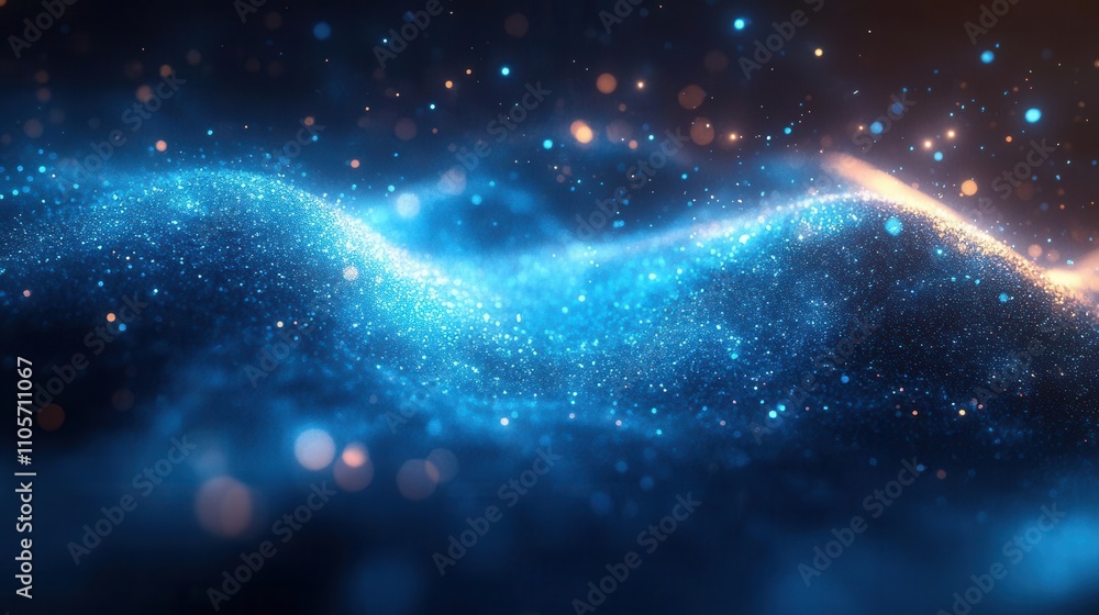 Poster radiant crystal waves with glowing cyan highlights, dynamic particle trails, and soft textured shado