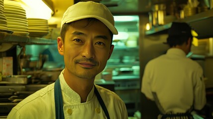 Chef in action restaurant kitchen portrait busy environment side view culinary passion