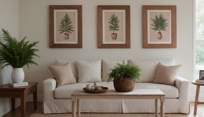 A modern living room with a sofa against a soft colour wall featuring vertical poster frames in wooden frame borders 3d illustration template