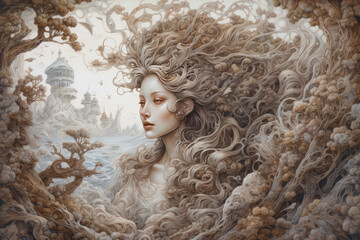 Fototapeta premium a beautiful young woman with long wavy hair flowing into a landscape filled with swirls, trees and fantastical buildings in the background. 