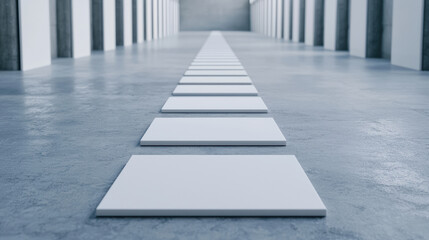 long corridor featuring blank canvases aligned on smooth floor, creating minimalist and modern aesthetic. space evokes sense of calm and creativity