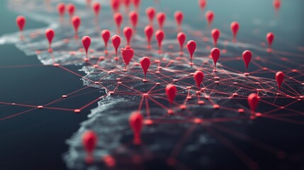 Fototapeta premium Network map with red pins showing connections.